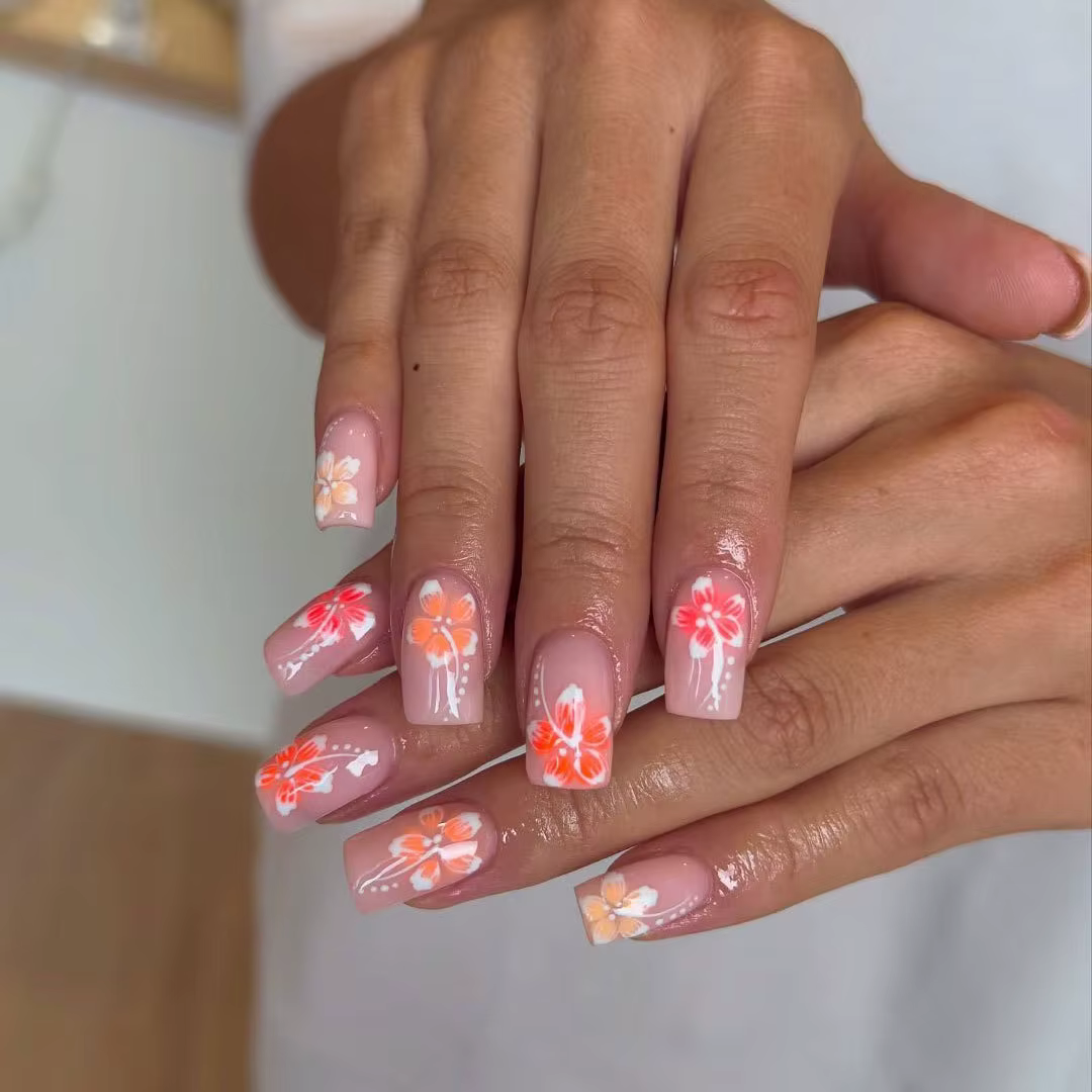 Faux ongles de Style français rose, fleur blanche imprimée, tête carrée courte, à pression, simples,