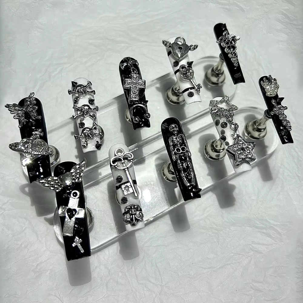 Faux ongles carrés à Tube Extra Long Y2K, rayures noires et blanches, faits à la main, étoiles Gyaru