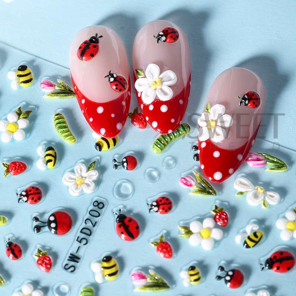 Autocollants pour ongles en relief, 1/2 pièces, motifs floraux printemps-été, abeille, coccinelle, i