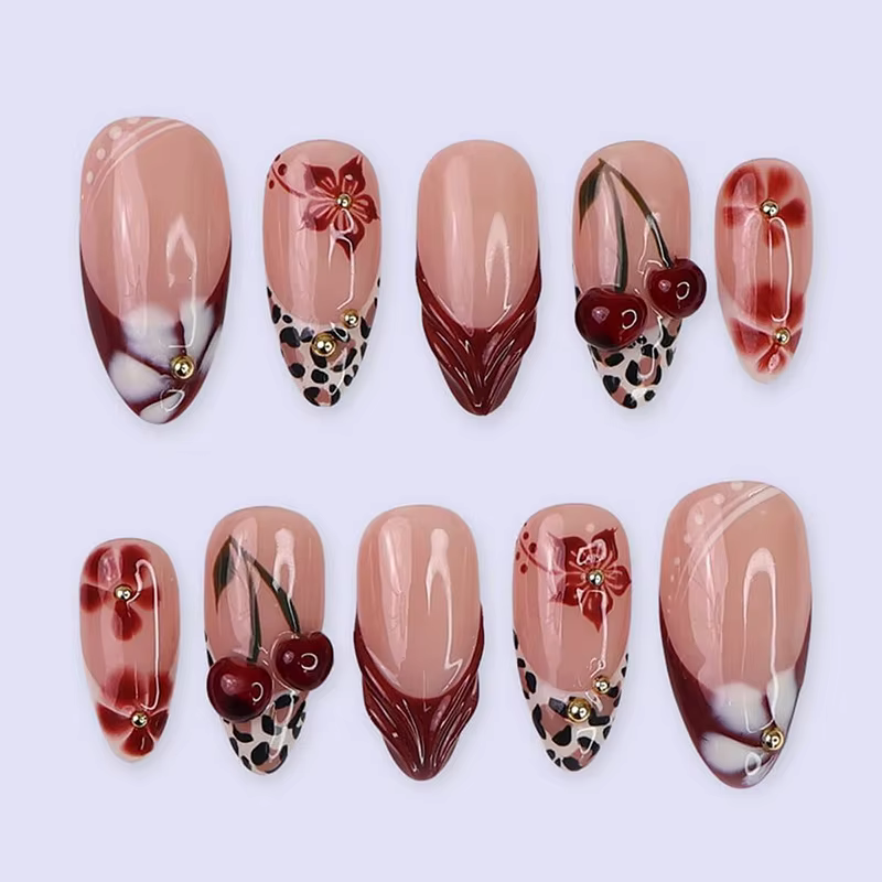 24 pièces doux Cool français faux ongles patchs Vintage Y2k faux ongles 3D cerise conception Nail Ar