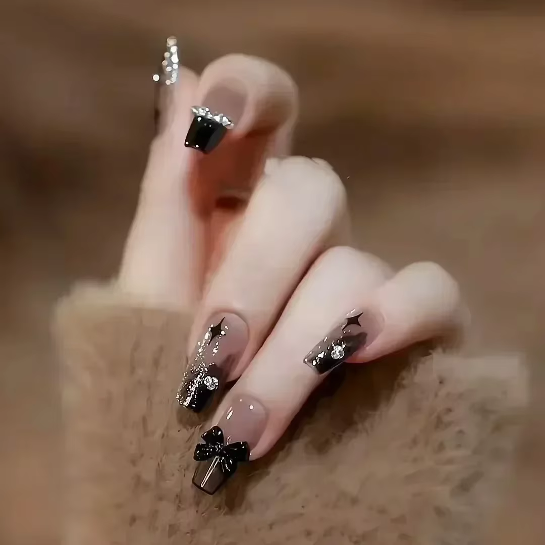 Faux ongles de Ballet rouge, 24 pièces, papillon, paillettes courtes avec strass, Design français, c