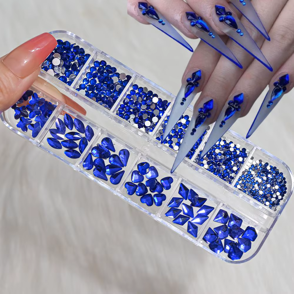 12 grilles 3D rouge Nail Art strass mixte coeur/papillon/rond/goutte verre diamants bricolage manucu