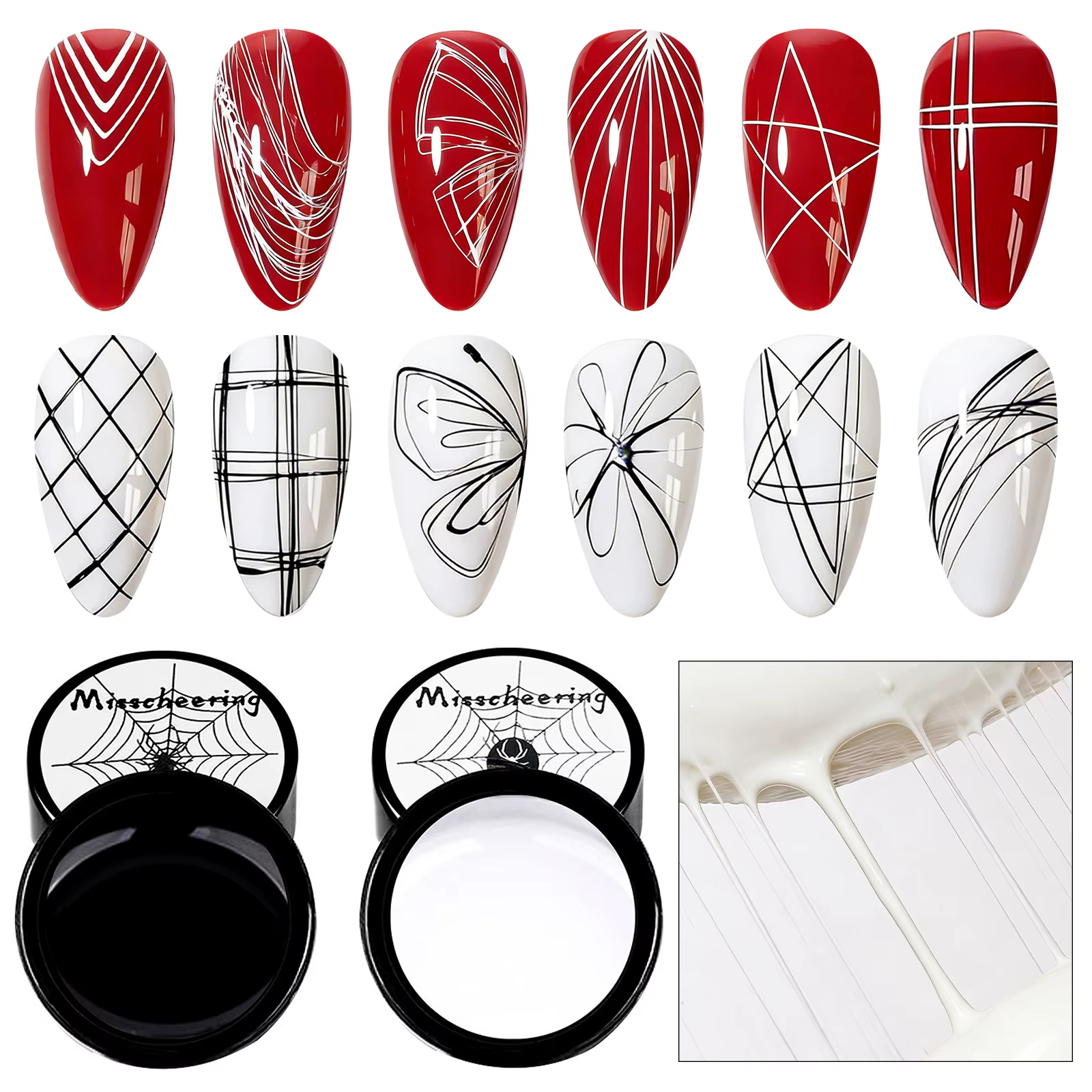 2 pièces Gel Spider pour Nail Art, Gel de traçage élastique pour dessin de lignes, Gel de dessin LED