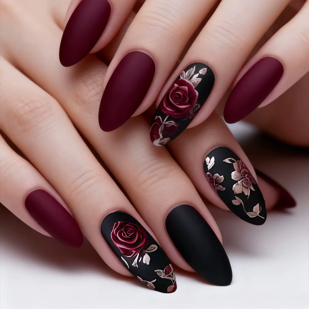 Faux ongles moyens pour femmes et filles, rouge vin mat, forme amande, avec fleurs roses, ensemble d