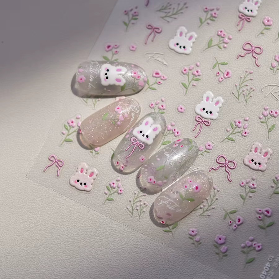 Autocollants pour ongles lapin 5D Kawaii, 1 pièce, dessin animé en relief, fleur rose bleue, adhésif