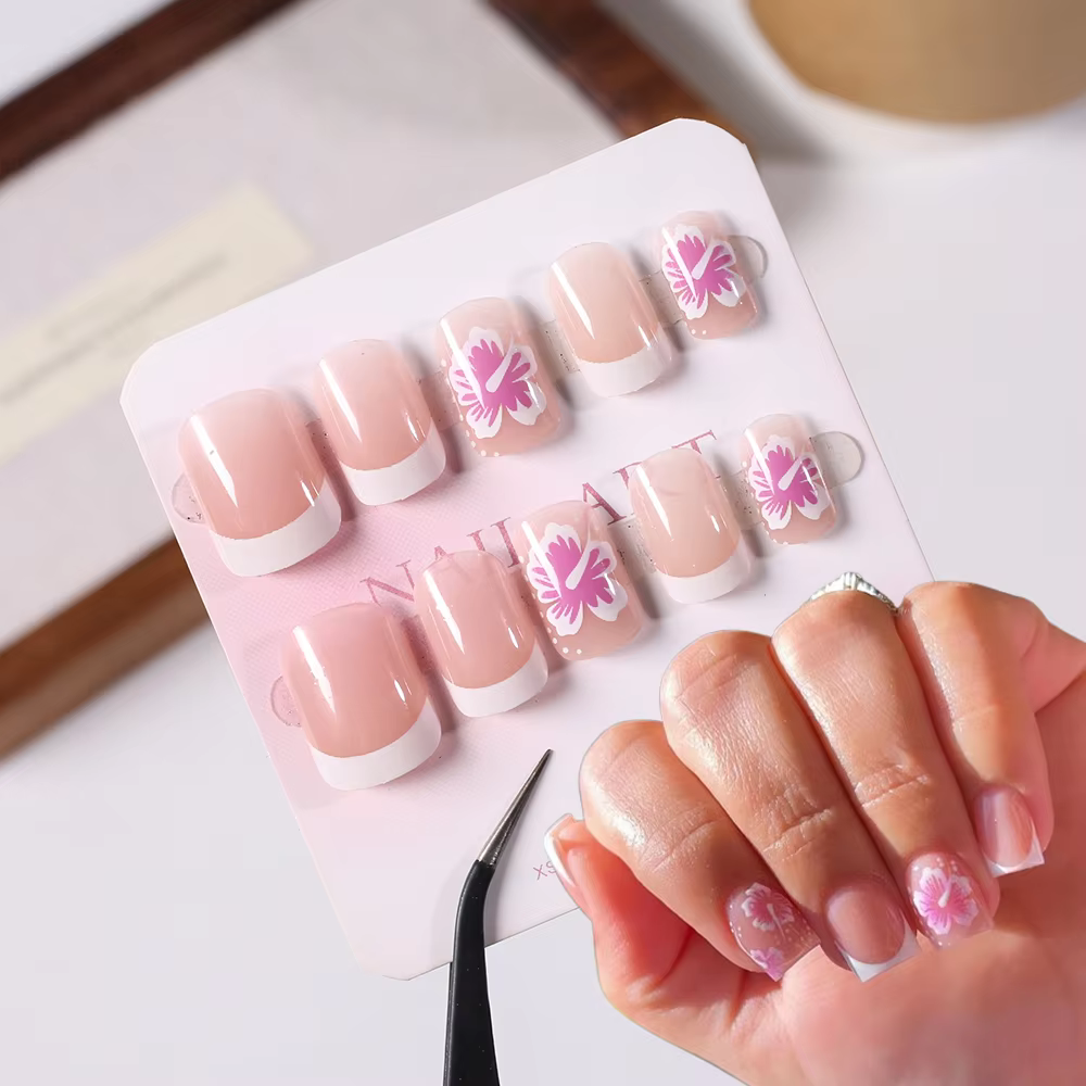 Faux ongles à fleurs françaises, 24 pièces, Design Hibiscus rose, couverture complète, pointes de do