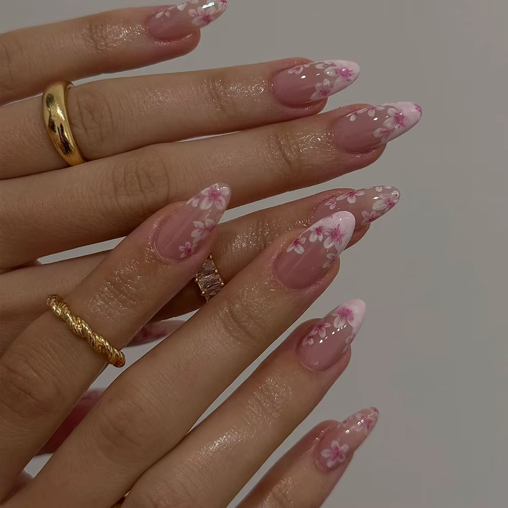 24 pièces par ensemble, faux ongles en forme d'amande, rose fleur de cerisier, style French press, é