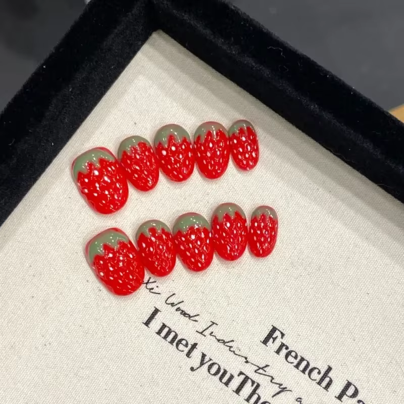 Faux ongles 3D fraise faits main à presser avec boîte et outils 2026 – Kawaii, amusants, sucrés, réu
