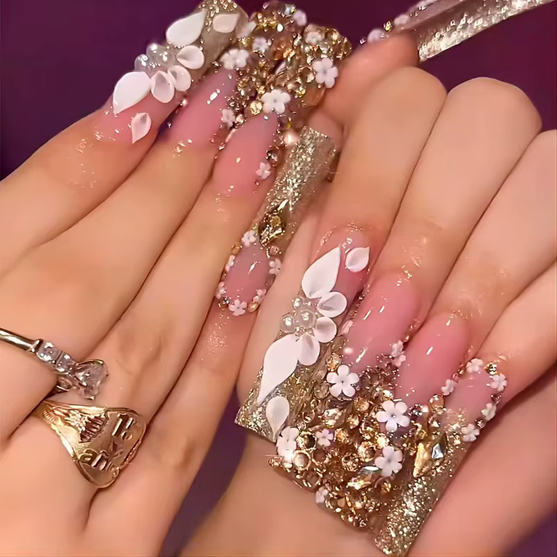 24 faux ongles à presser avec strass, motifs floraux, longs et carrés, en acrylique, style français,