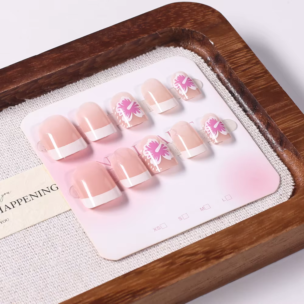 Faux ongles à fleurs françaises, 24 pièces, Design Hibiscus rose, couverture complète, pointes de do