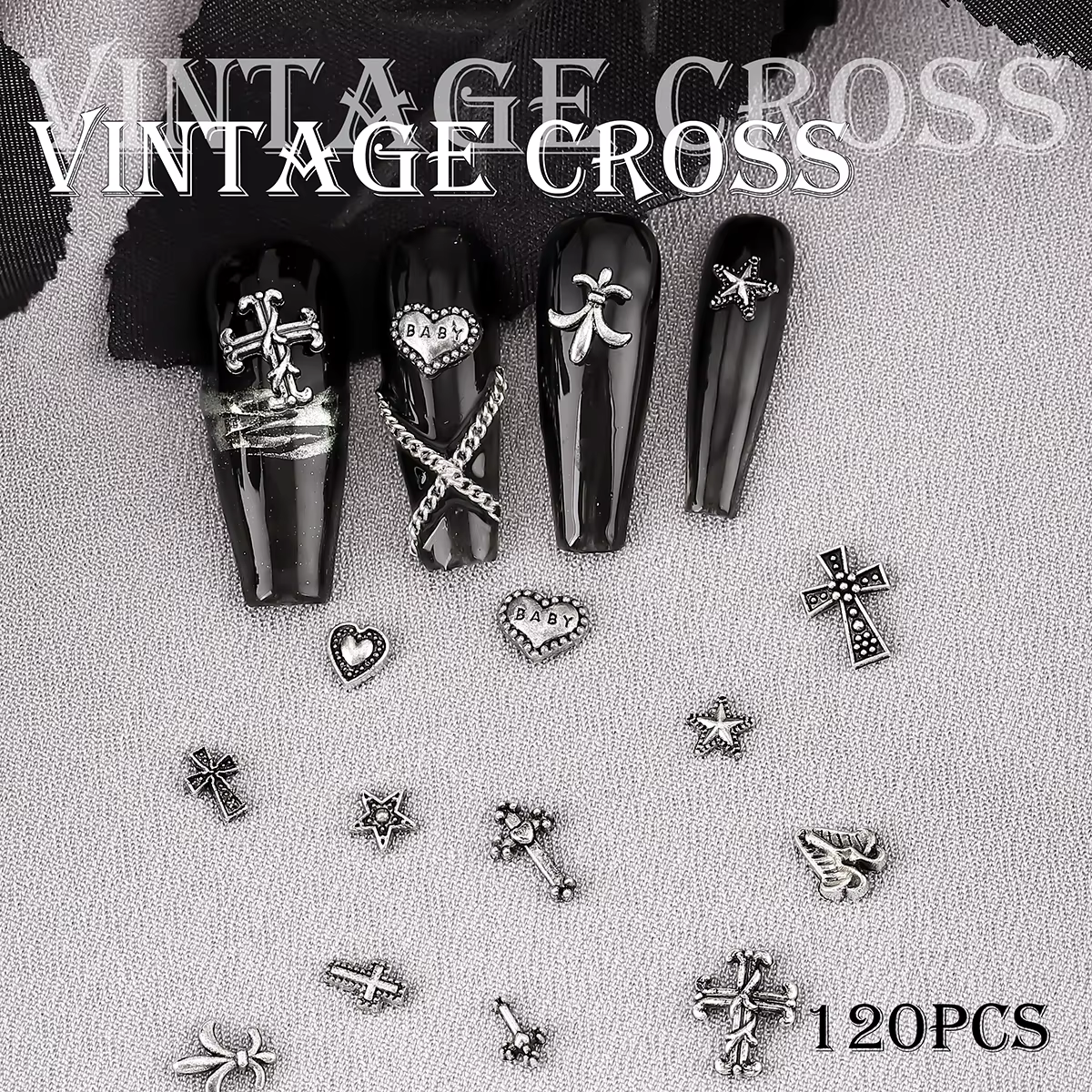 120 pièces/1 boîte européen américain foncé vintage style croix nail art patch y2k Premium métal Sty
