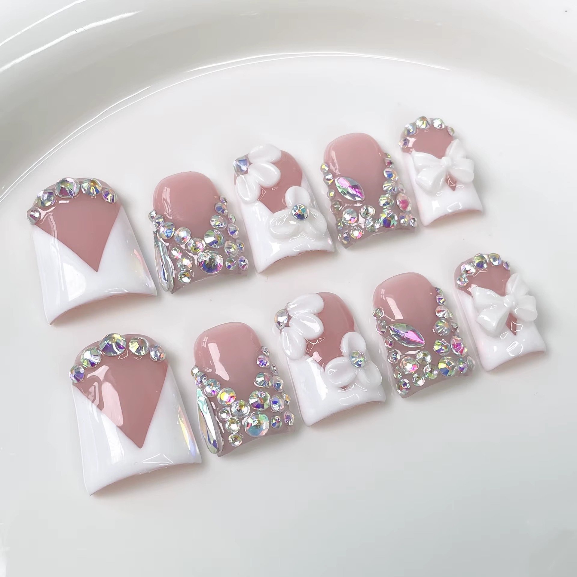 10 pièces doux doux presse sur ongles français canard Bill forme faux ongles 3D sculpture fleur stra