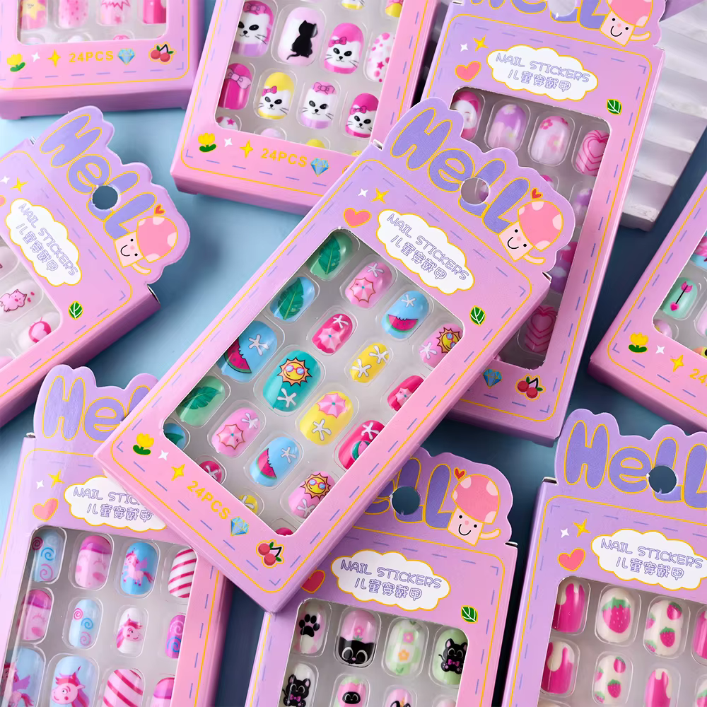 24 pièces/boîte enfants ongles pour fille dessin animé motif faux ongles mignon enfant faux ongles c
