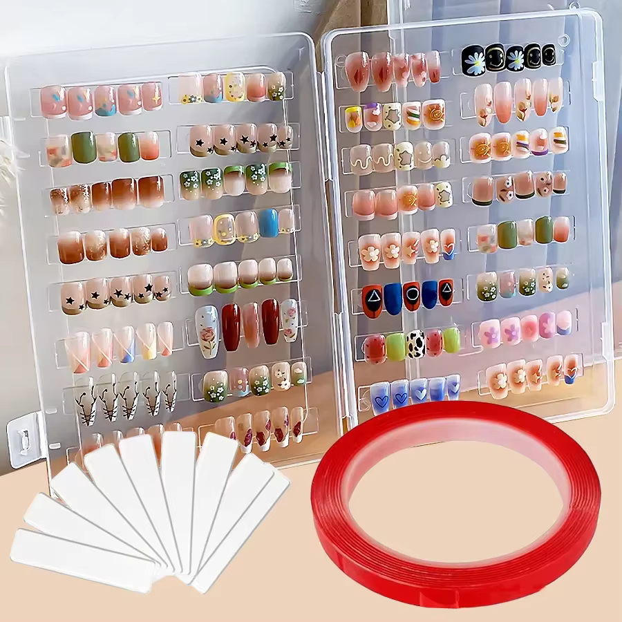 Boîte de rangement vide à pression sur les ongles, ensemble d'emballage pour faux ongles avec ruban 