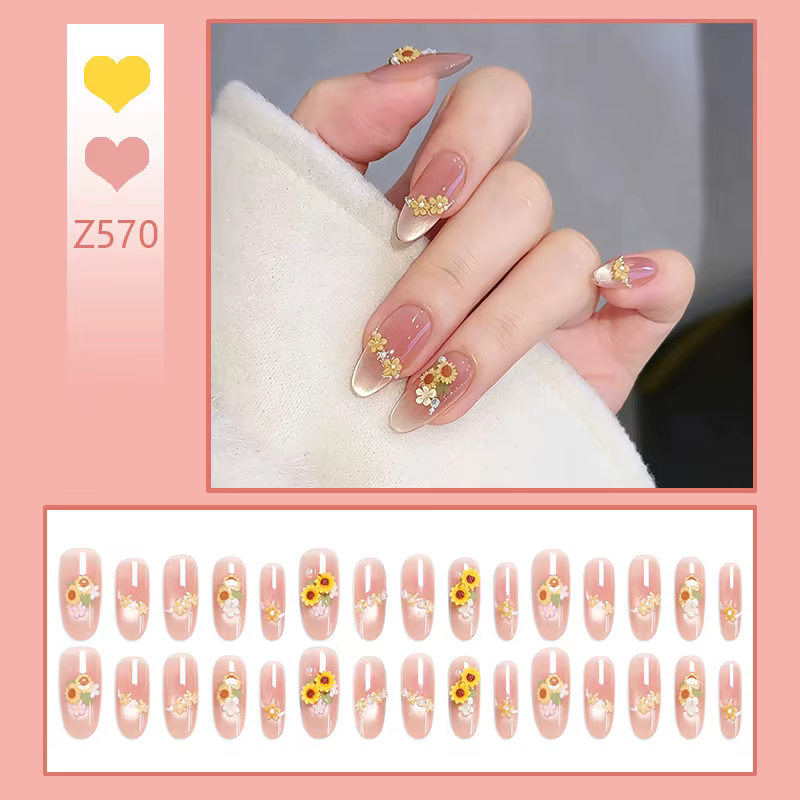 24 faux ongles tournesol 2024, motifs floraux 3D d'été, avec colle, pas chers, à presser, forme aman