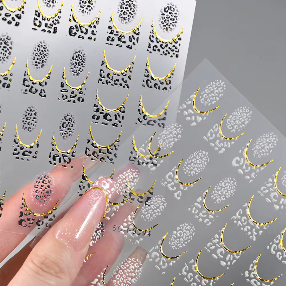 Autocollants pour ongles, 2 feuilles, imprimé léopard français doré, Sexy, 5D, blanc + noir, Design 