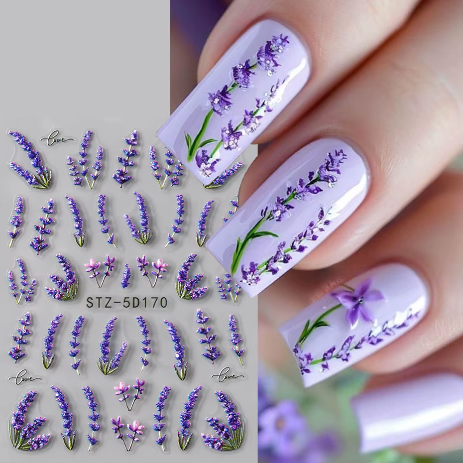 Autocollants pour ongles en relief 5D, 2 pièces, fleurs de lavande élégantes, fleurs lumineuses, aut