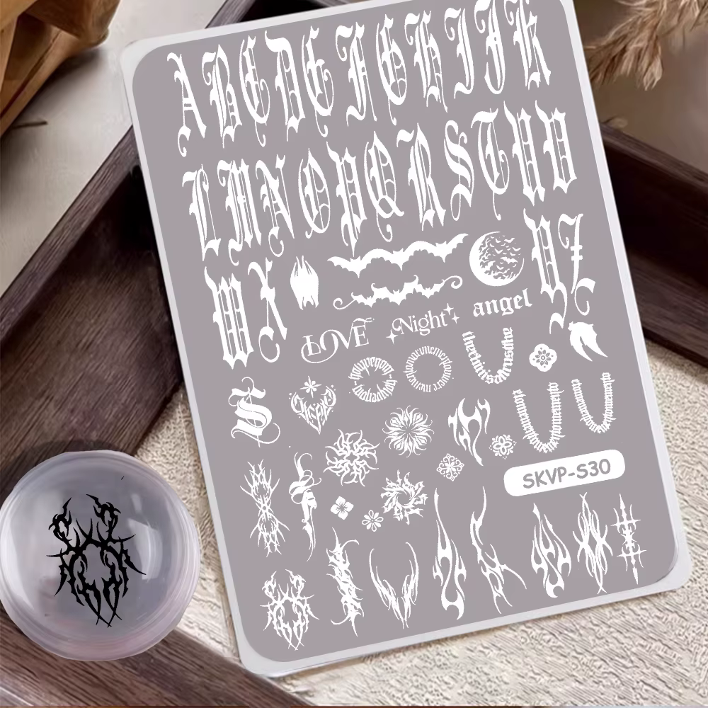 Plaques de stamping pour ongles style gothique, chiffres gothiques, flammes gothiques – Diverses pla