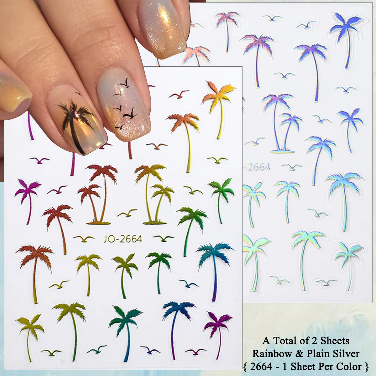 2 à 20 feuilles d'autocollants pour ongles à motifs de palmiers tropicaux, de cocotiers et de plage