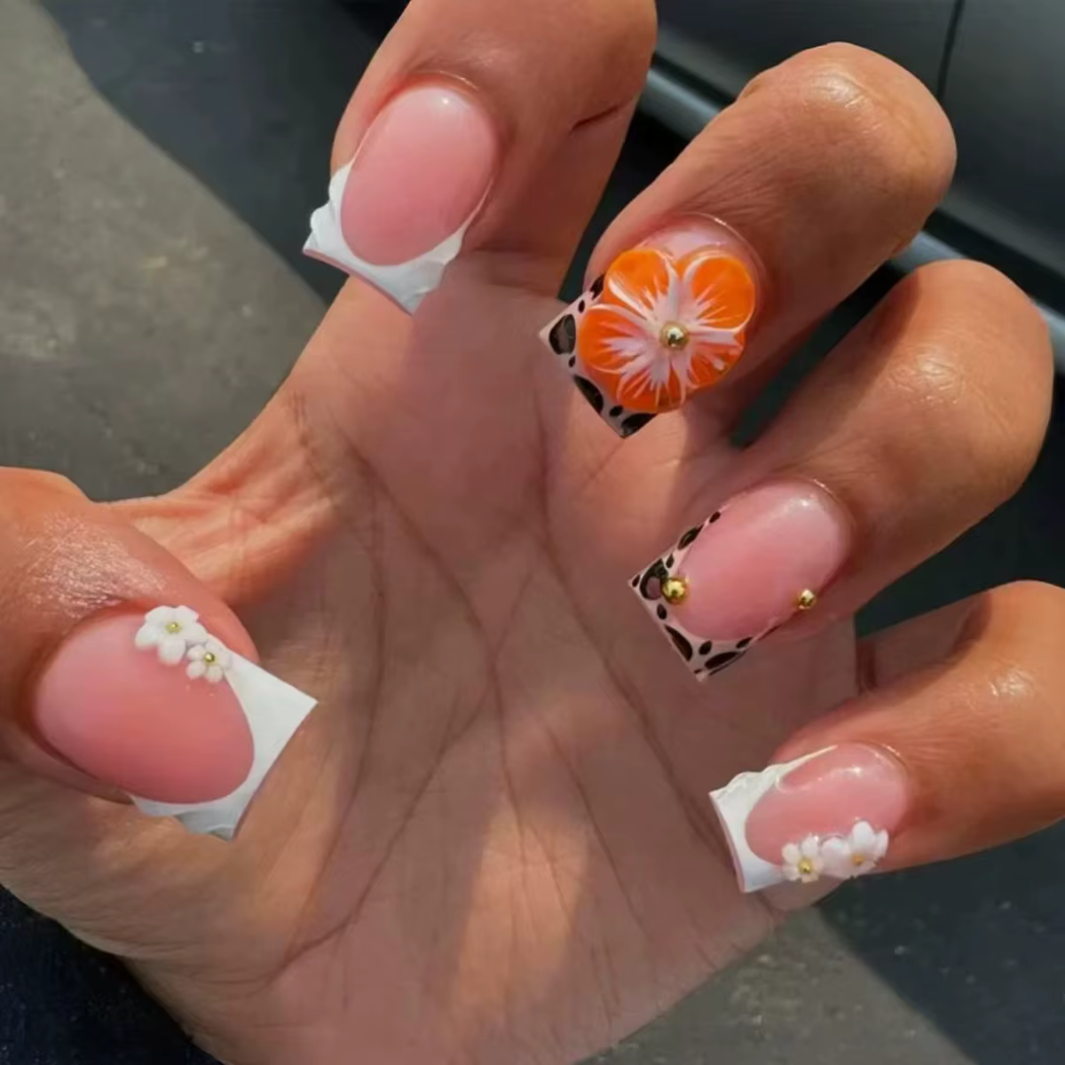 Faux ongles français à tête carrée courte, 24 pièces, strass, Design avec nœud floral, à pression, c