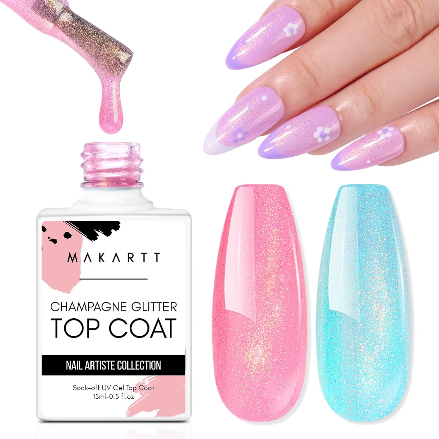 Makartt-Verhéritage à Ongles Gel UV Sans Lingette, Couche de Finition Brillante, Champagne, Paillett