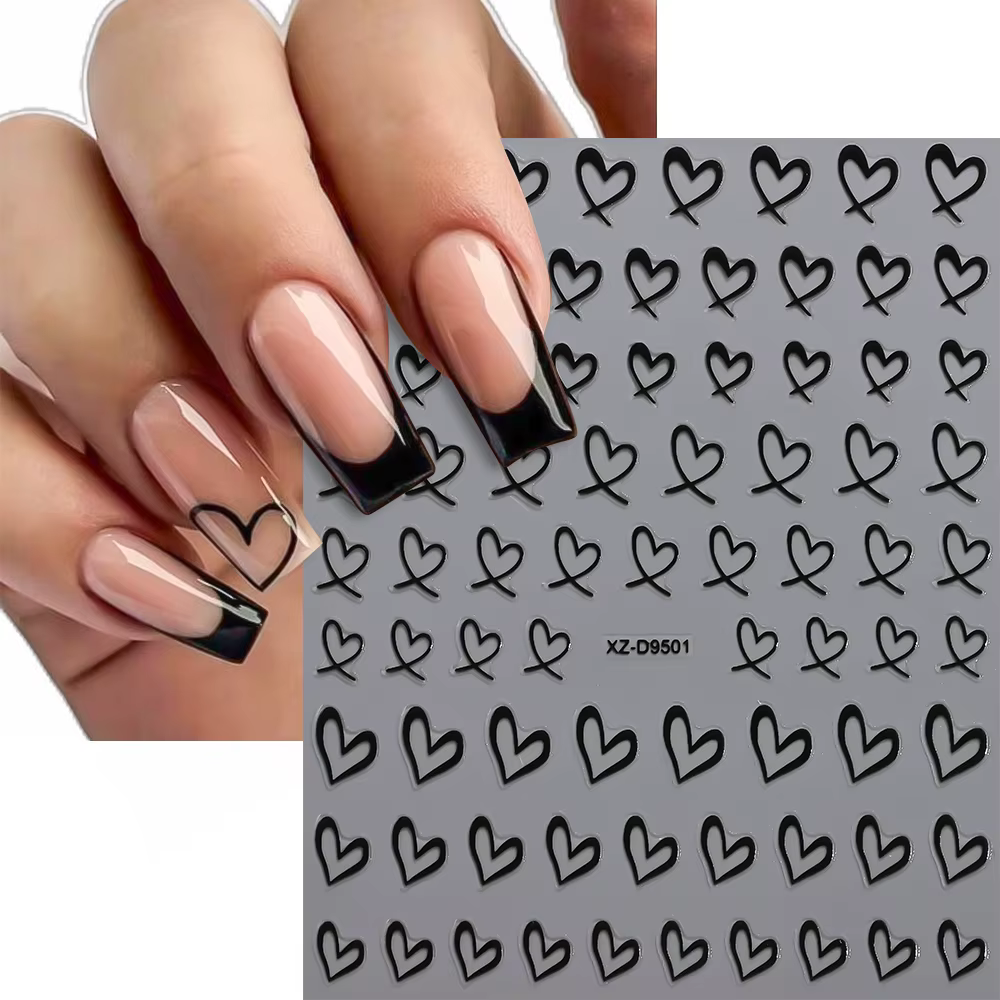 Autocollants pour ongles 3D français, 8 couleurs, cœur d'amour, creux, chérie, adhésifs, décalcomani