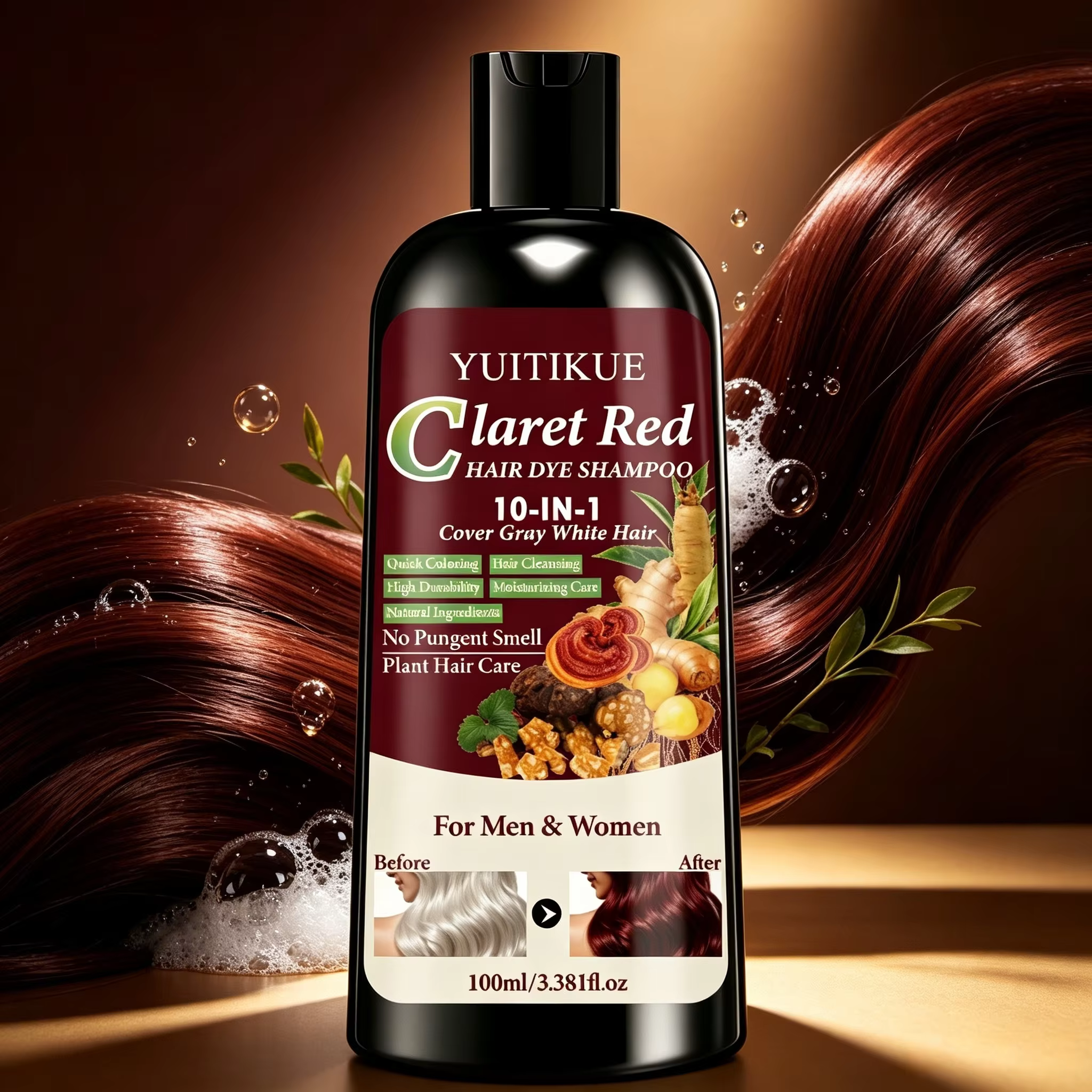 Shampoo colorant capillaire rouge claret 10 en 1, à base de plantes naturelles, coloration rapide, c