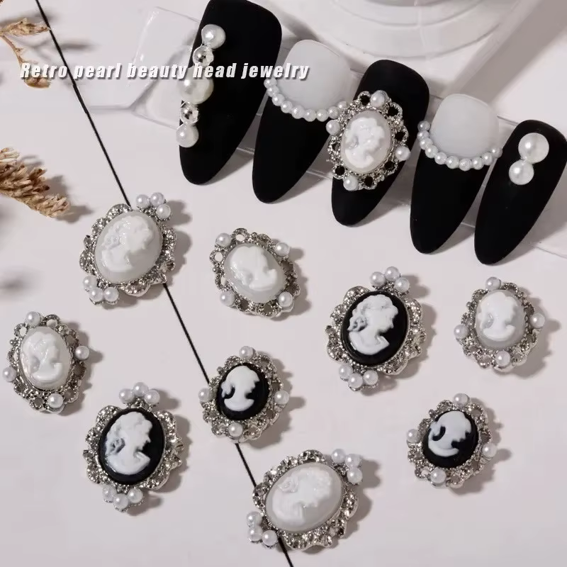 10 pièces rétro Baroque Gril Nail Art charme 3D gaufrage noir blanc fille tête décoration d'ongle or
