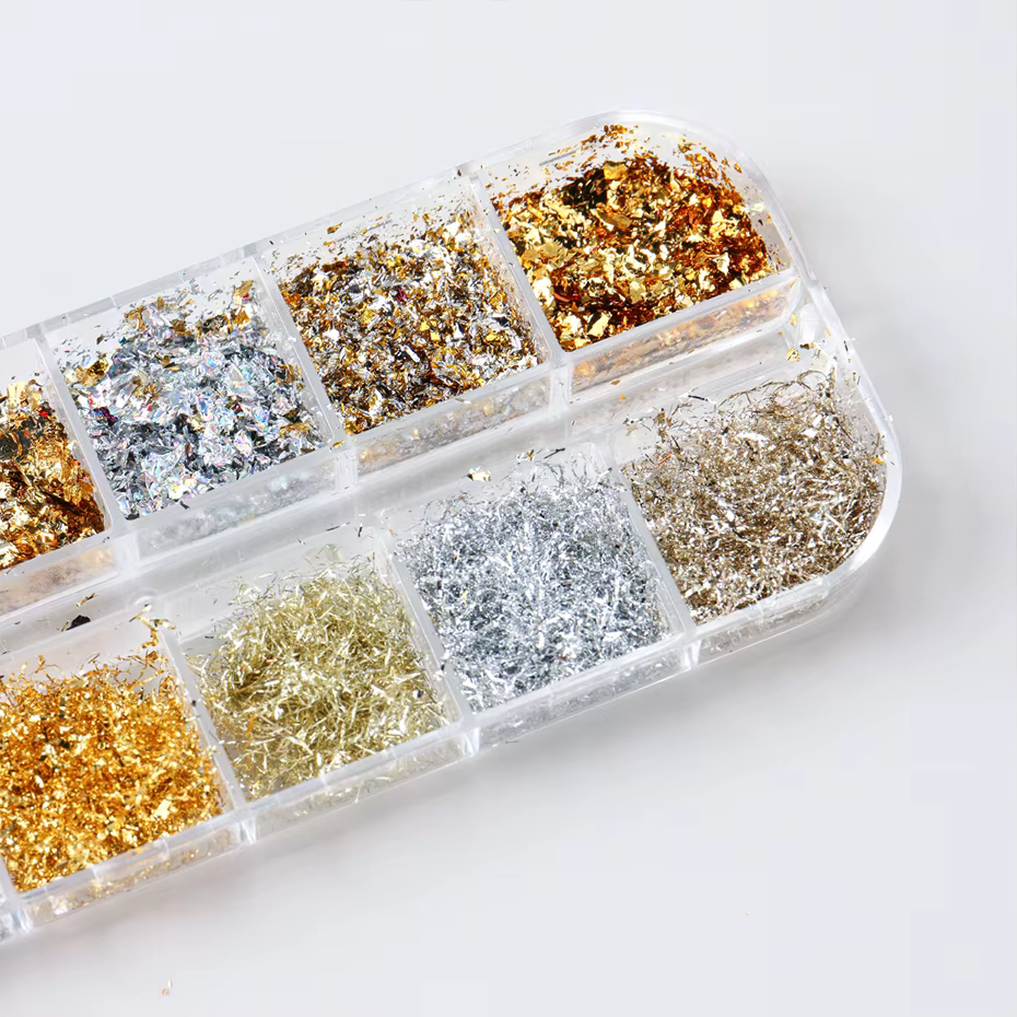 Feuilles d'or pour ongles magnifiques, 12 couleurs, paillettes aléatoires, flocons d'aluminium, puce