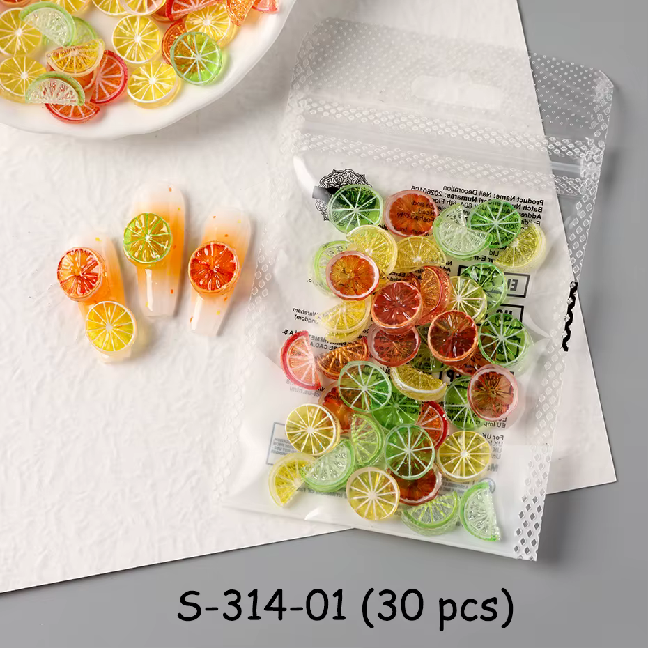 30/50 pièces Breloques d'été pour nail art, fruits citron et orange, colorées, DIY, tranches et floc