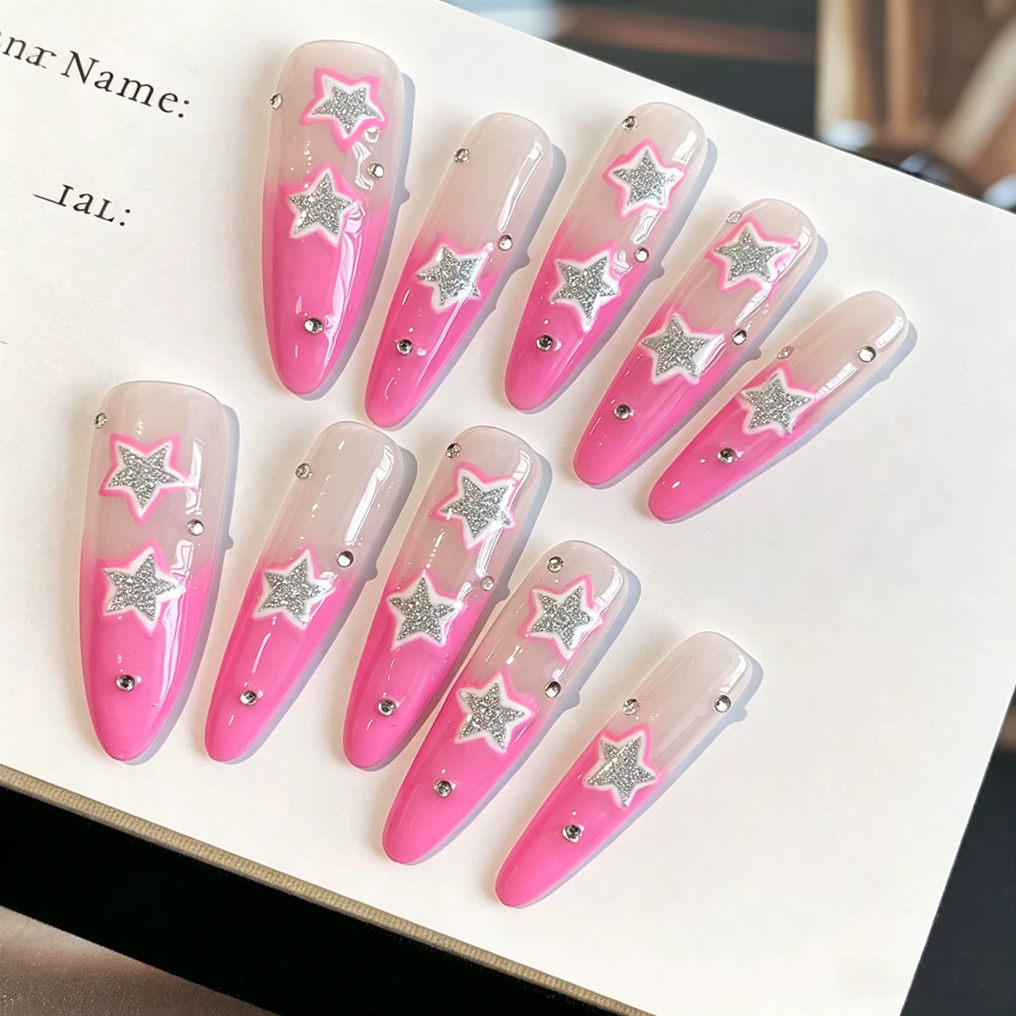 Lot de 10 faux ongles roses à strass en forme d'étoile pour la Saint-Valentin - Ongles Y2K à paillet
