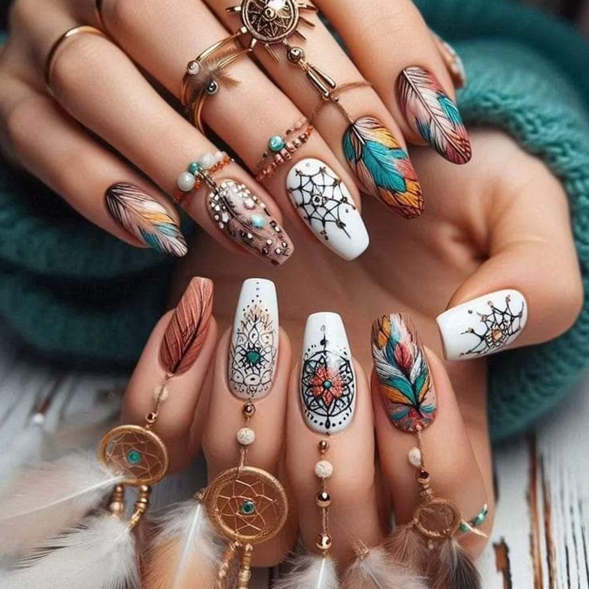 Faux ongles carrés mi-longs pour femmes et filles, jolies fleurs en forme de cœur, plumes et papillo
