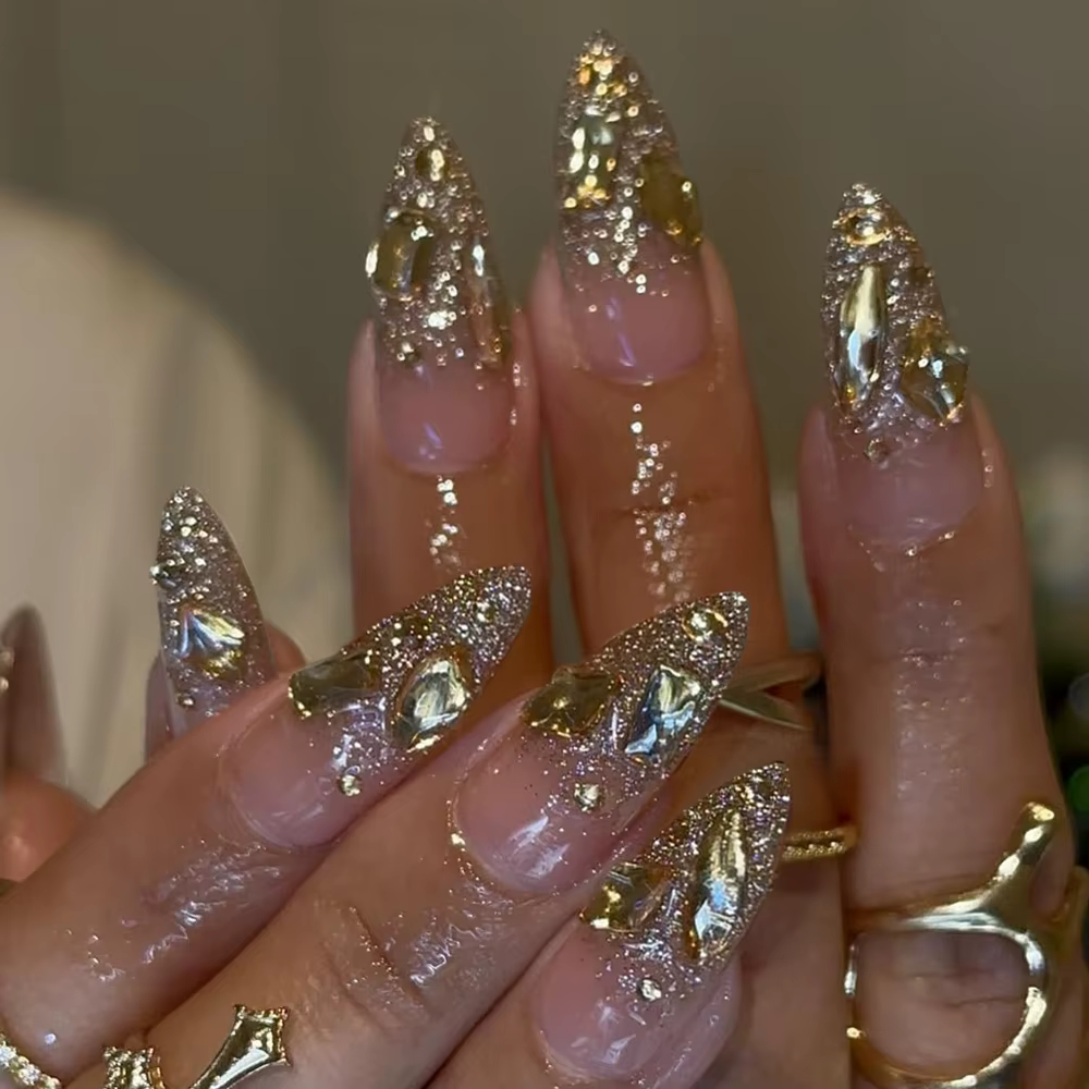24 pièces d'ongles longs en forme d'amande avec lumière scintillante : design français, longs ongles
