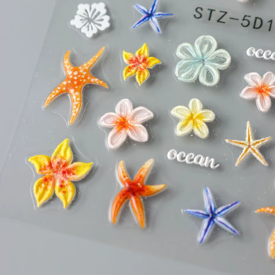 Autocollants pour ongles étoile de mer Kawaii, 2 pièces, autocollants floraux 3D pour Nail Art, auto