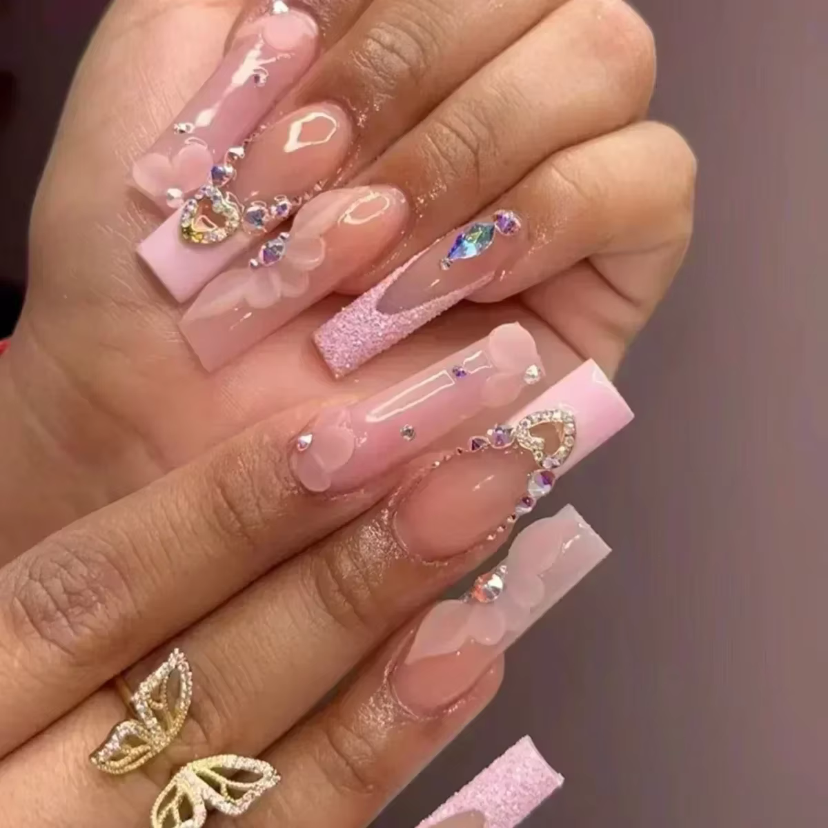 Faux ongles de Ballet longs, 24 pièces, papillon rose avec strass, Design français, portables, à pre