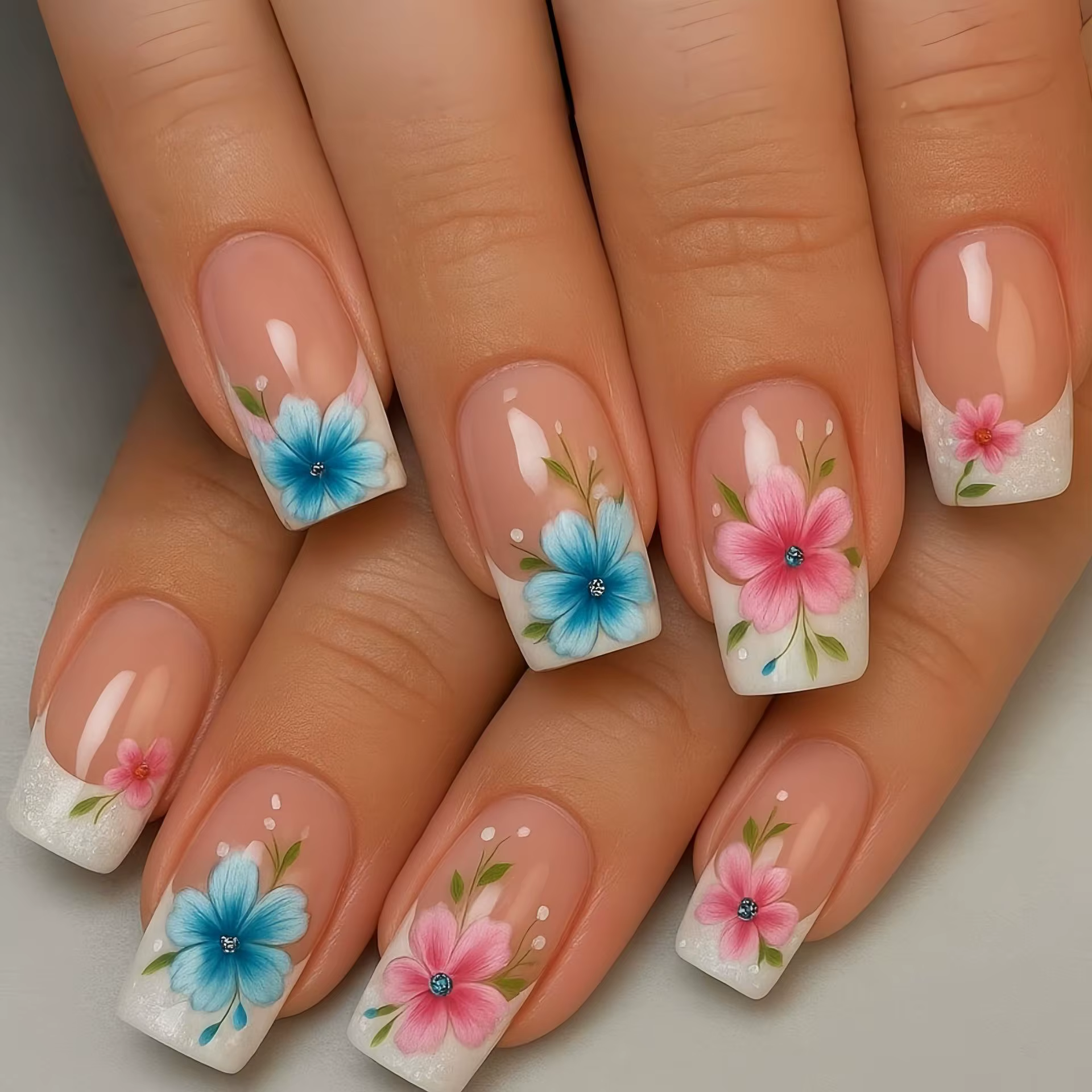 Faux ongles moyens pour femmes et filles, motif floral printemps-été, style français, couverture com