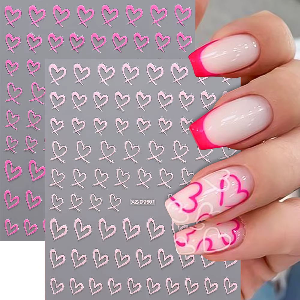 Autocollants pour ongles 3D français, 8 couleurs, cœur d'amour, creux, chérie, adhésifs, décalcomani