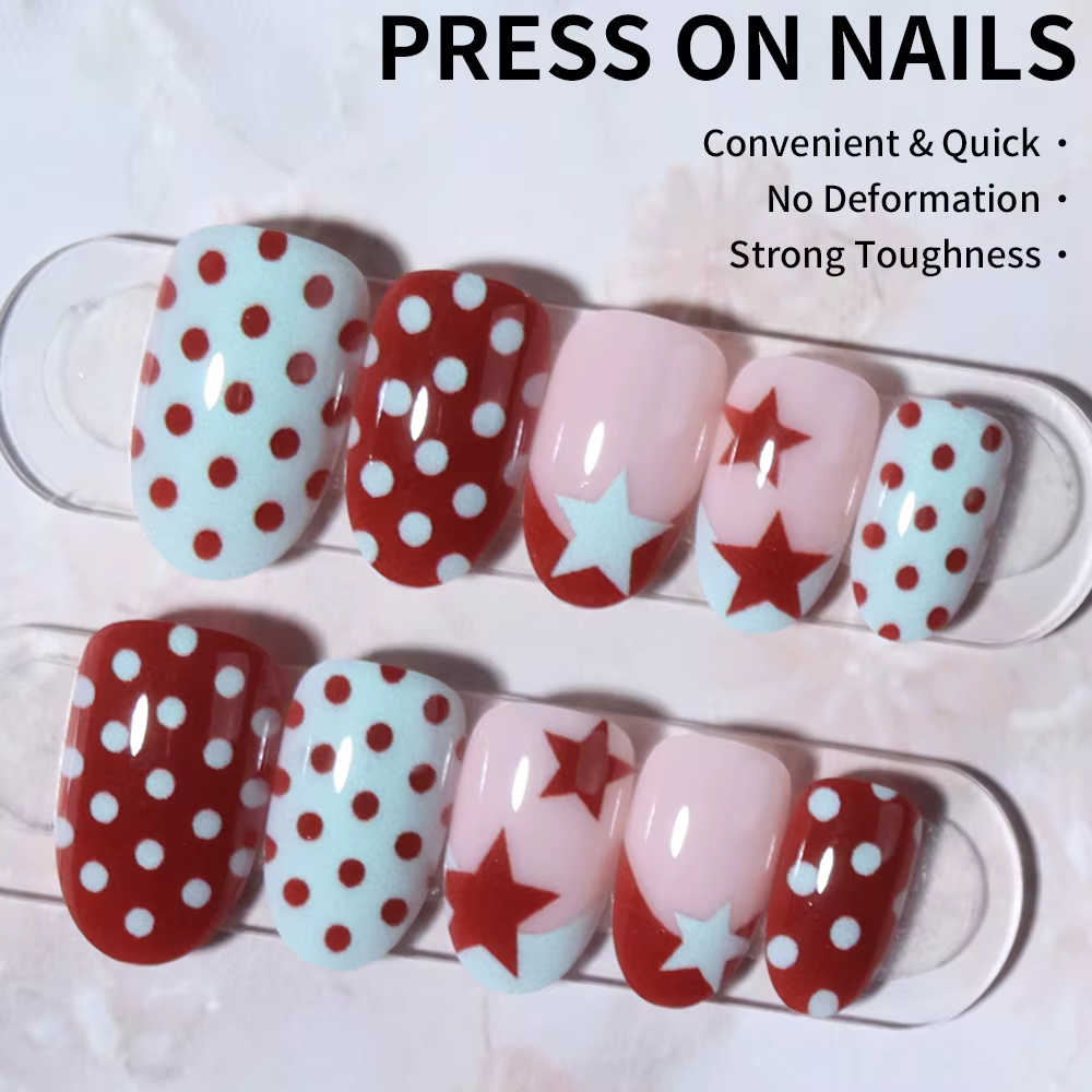 24 autocollants pour ongles ovales à pois étoiles, matériau acrylique, ajustement parfait, ensemble 