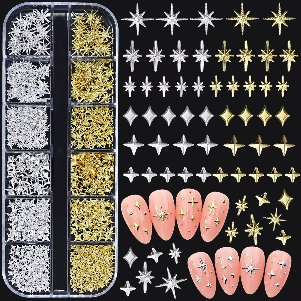 1000 pièces-12 grilles 3D or argent étoile/croix ongles Rivet goujons alliage métallique Starlight o