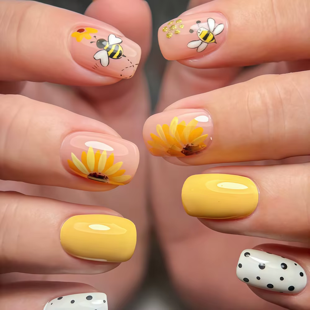 Faux ongles carrés courts pour femmes et filles, jaunes, blancs, roses, fleurs printemps-été, abeill