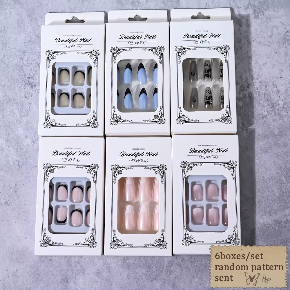 6 boîtes/144 pièces mélange aléatoire Style court rond presse sur ongles doux couverture complète dé
