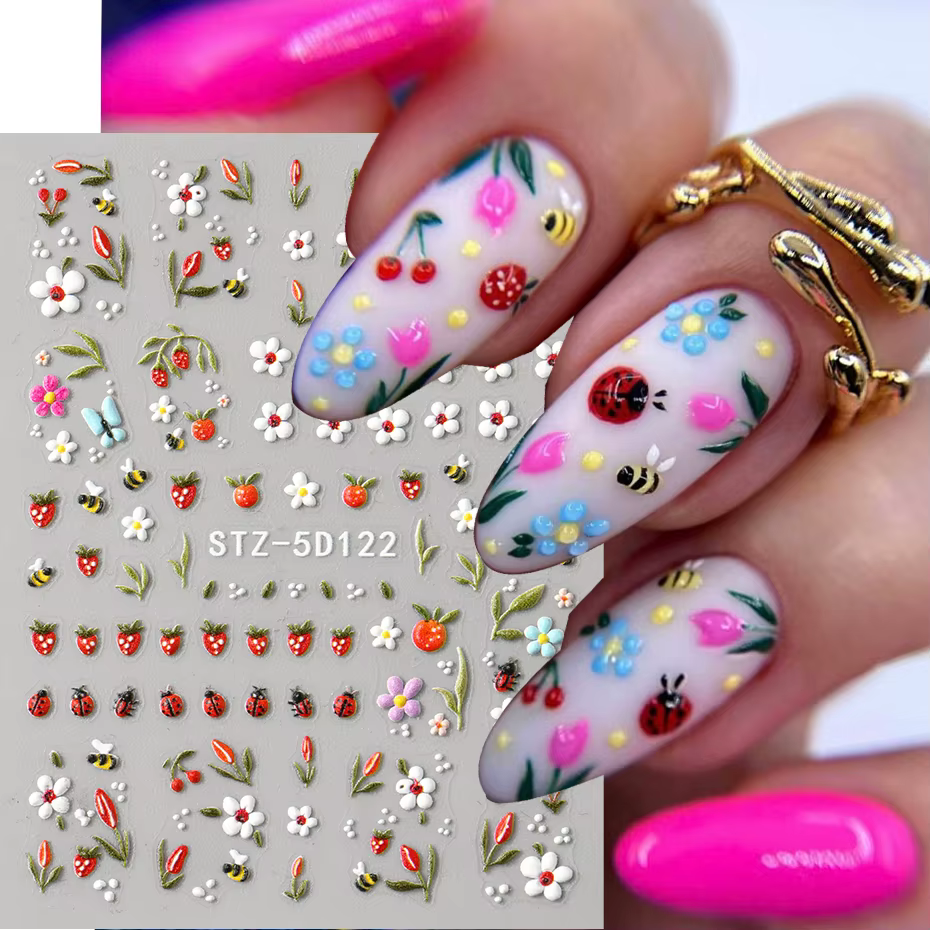 5D en relief Kawaii coccinelle curseurs printemps blanc marguerite fleurs ongles autocollants bricol