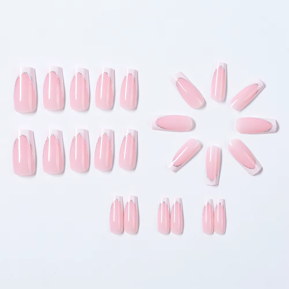 Faux ongles cercueil carrés courts, 24 pièces, à paillettes françaises, portables, couverture complè