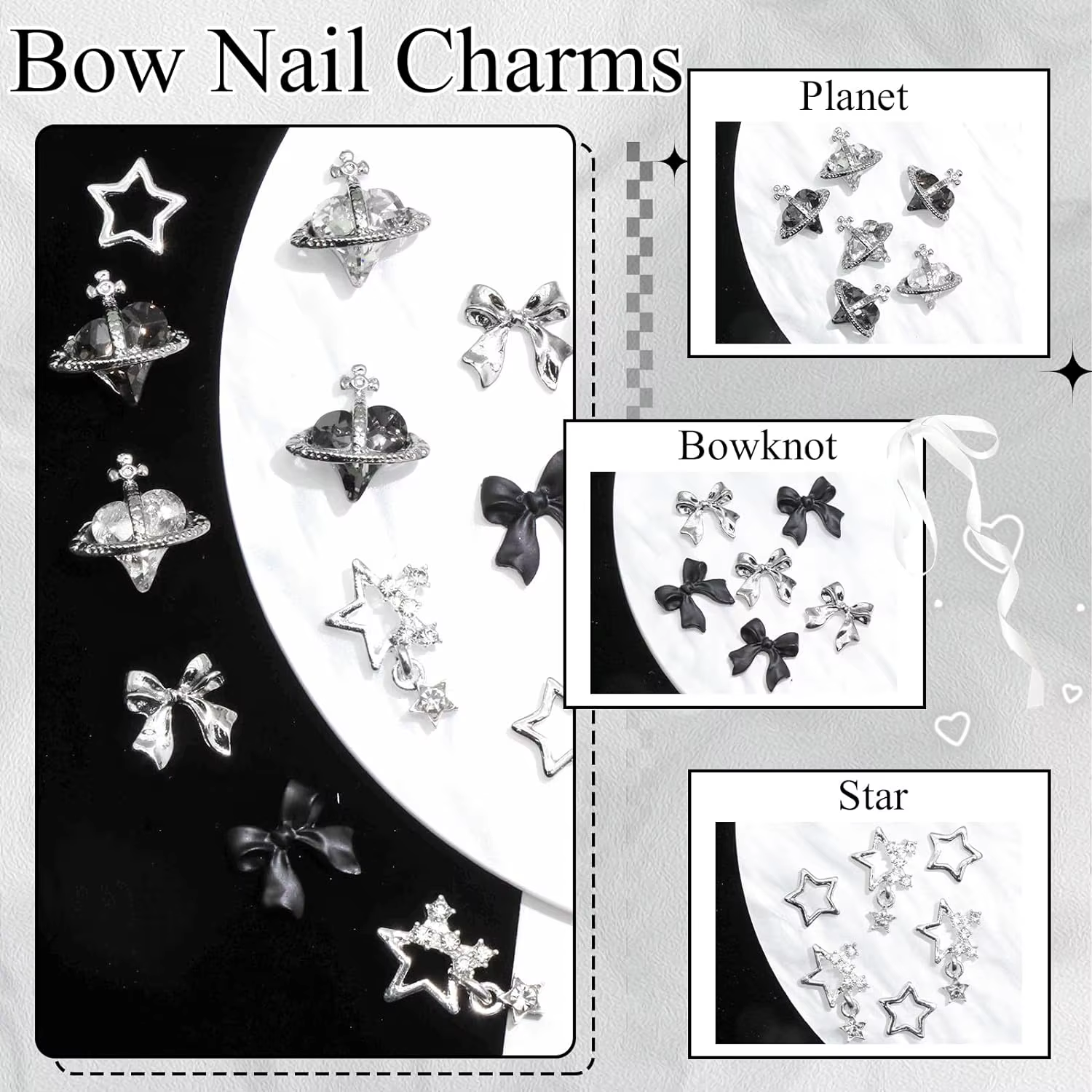 122 pièces étoile ongles breloques 3D argent ongles breloques alliage arc breloques cristal Starligh