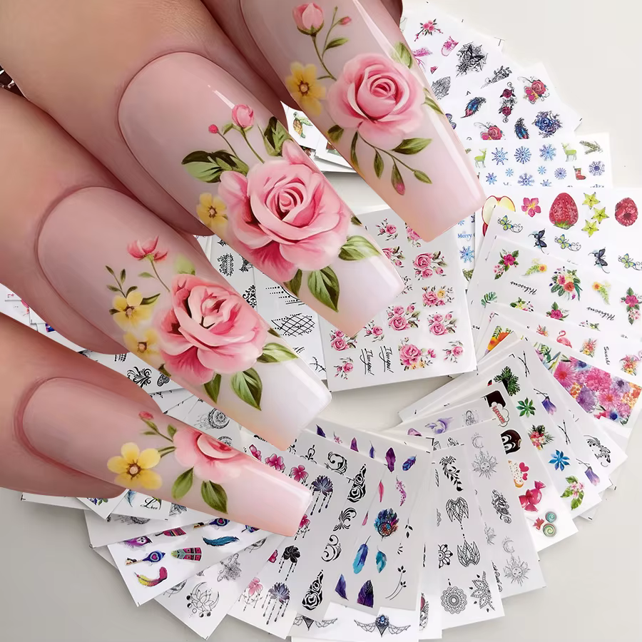 48 autocollants pour ongles, fleurs de printemps et d'été, roses, papillons, feuilles, glaces, lèvre