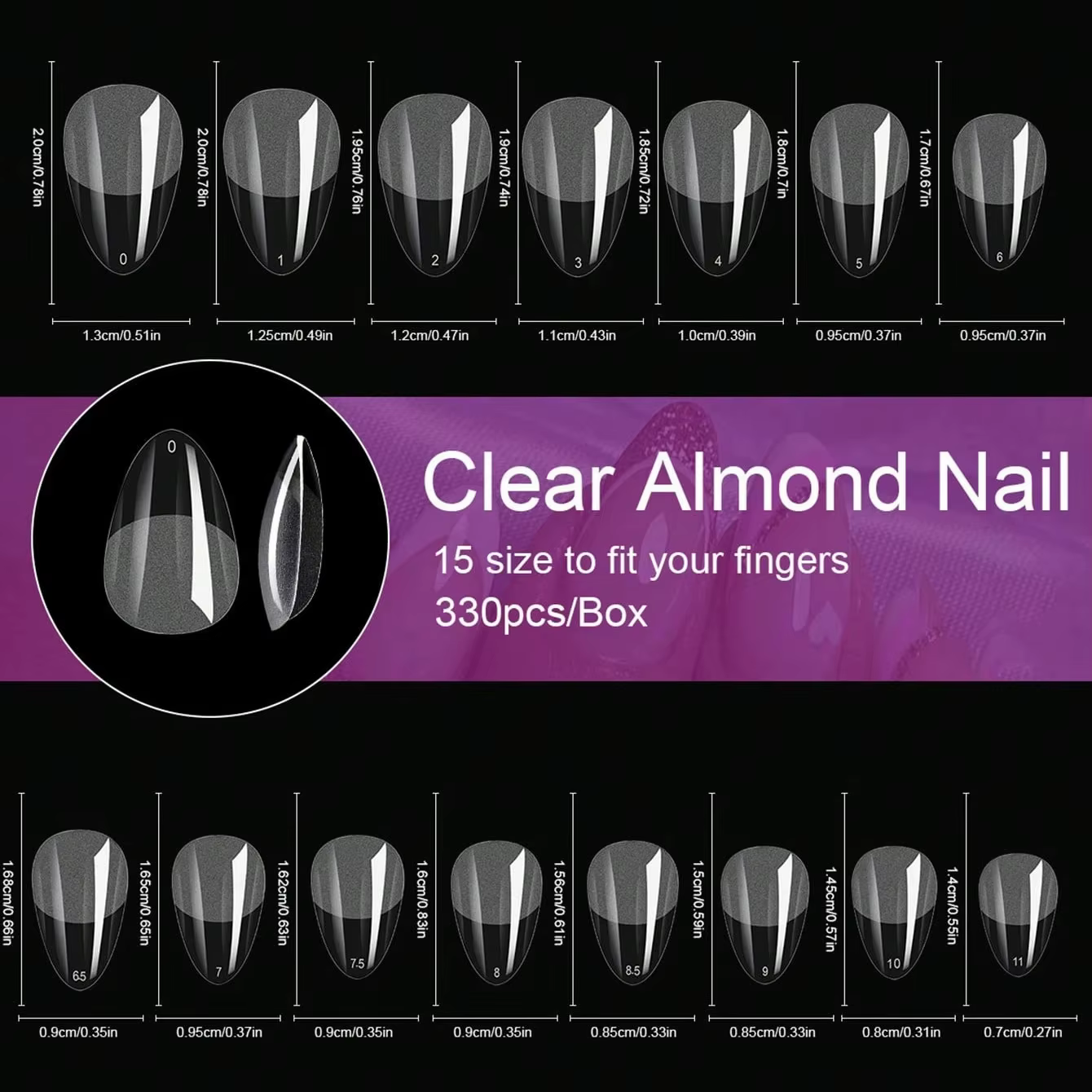 330 pièces/boîte faux ongles transparents en acrylique mat en forme d'amande, Kit de pointes d'ongle
