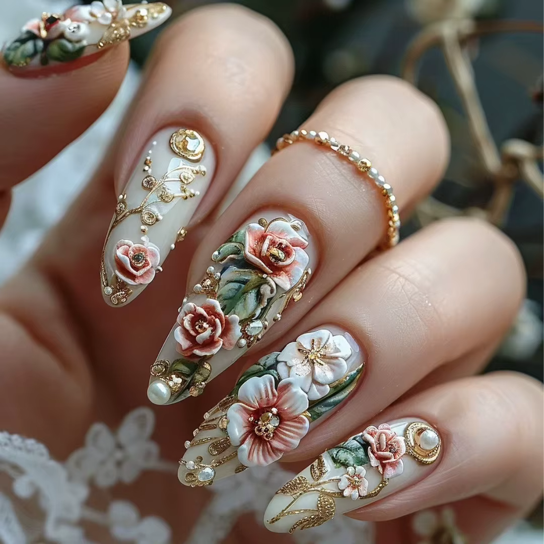 24 pièces fleur couverture complète Nail Art longue amande faux ongles avec poudre brillante dorée c