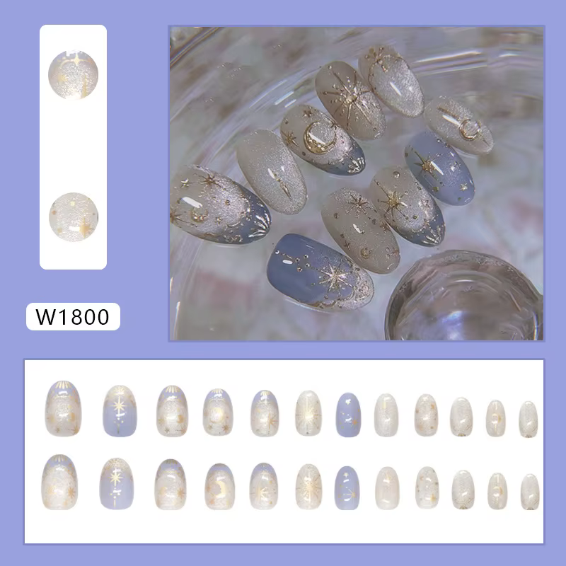 24 pièces romantique Y2k étoile presse sur ongles dégradé bleu Style français or lune conçoit faux o