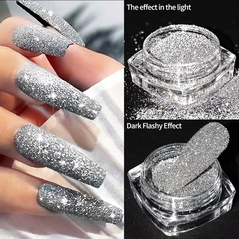 Poudre de paillettes pour ongles brillantes argentées réfléchissantes Net2-3g holographique argent é
