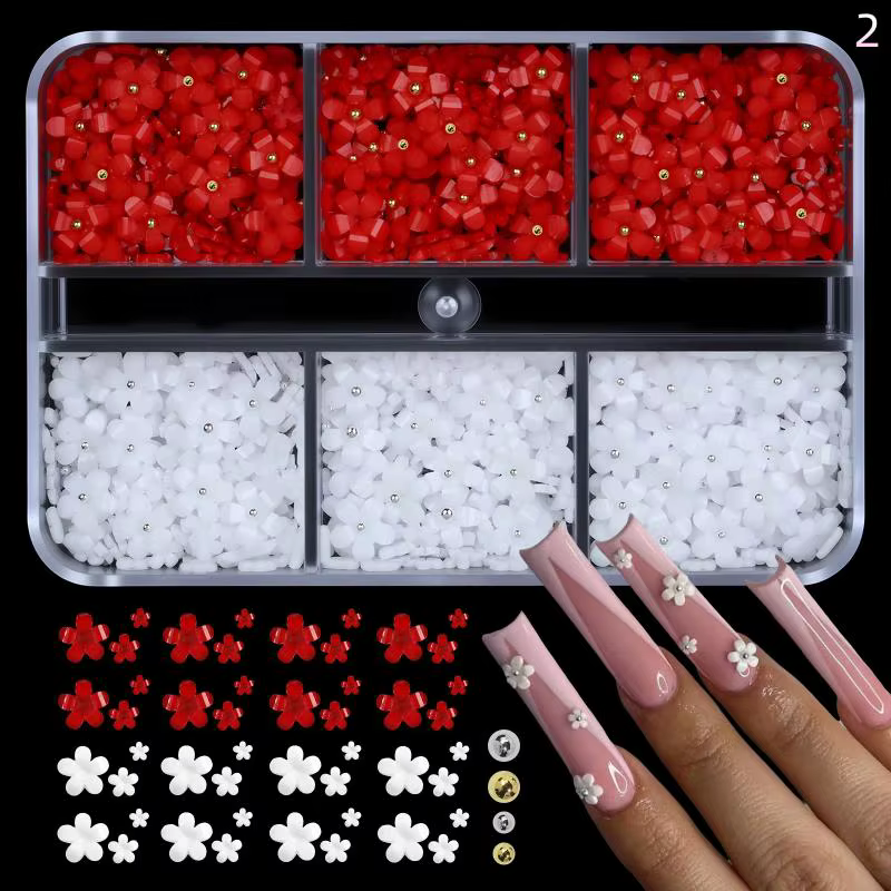 Décorations d'ongles en forme de fleurs à cinq pétales mélangées, 6/12/24 grilles, breloques pour on